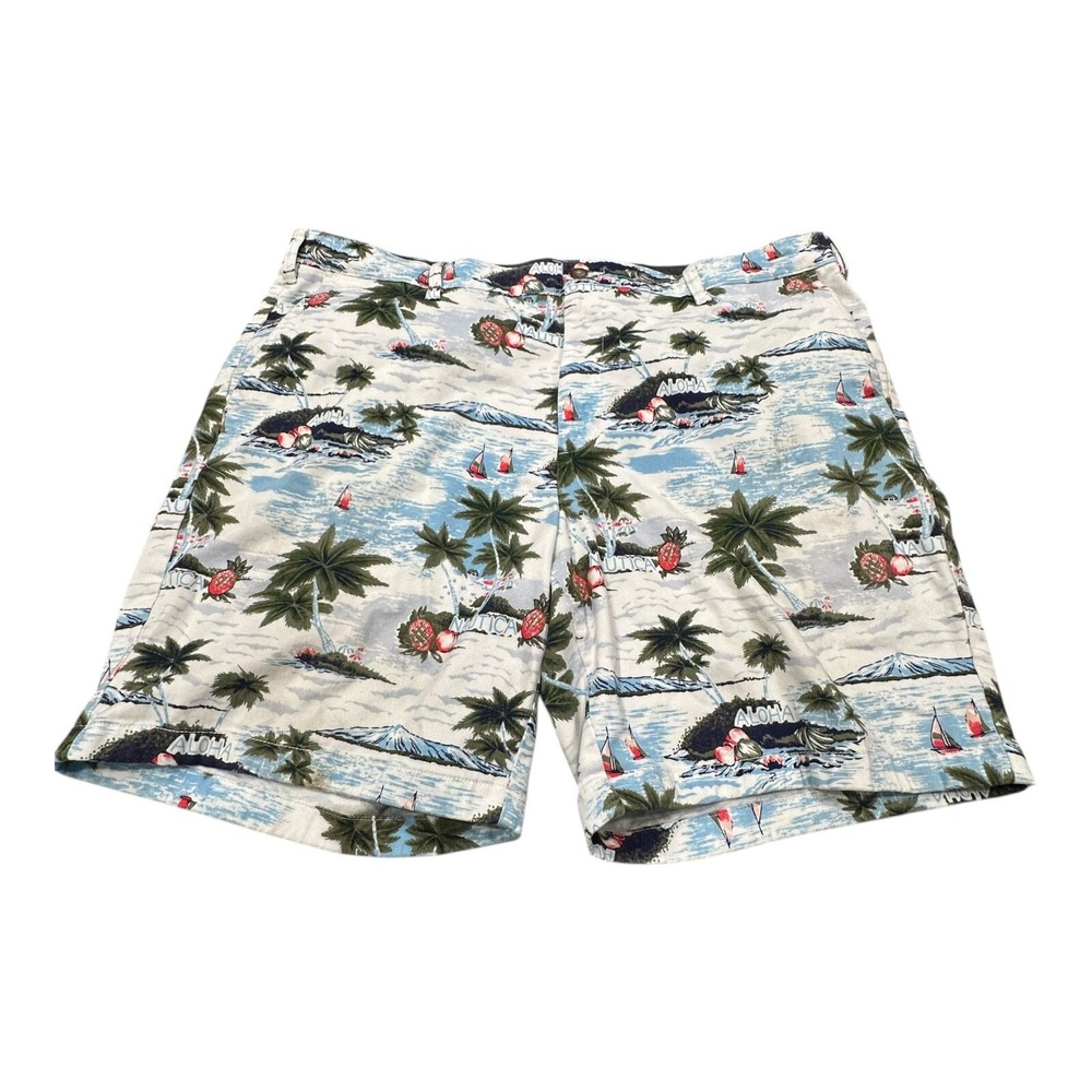 Nautica Blue Sail Deck Shorts Mens 42W White Tropical Island Aloha Stretch Fit